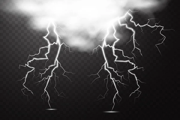 Set Lightning Magical Bright Light Effect Thunderstorm Lightning Clouds Vector — Stock Vector