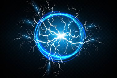 Şeffaf koyu mavi arka planda yıldırım topları. Vektör çizimi, koyu mavi gökyüzünde soyut elektrik yıldırımı çarpması. Işık, gök gürültüsü, kıvılcım