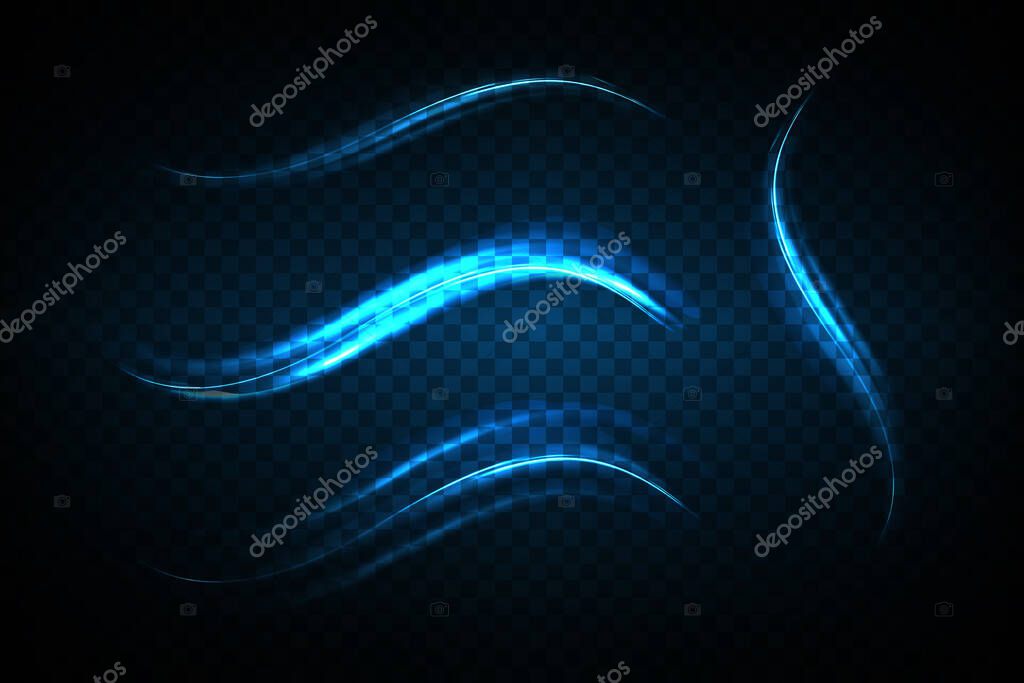 Blue glowing shiny lines effect vector background. EPS10. Abstract effect of movement with the speed of light. Shiny wavy path. Light painting. Easy trail. Vector eps10