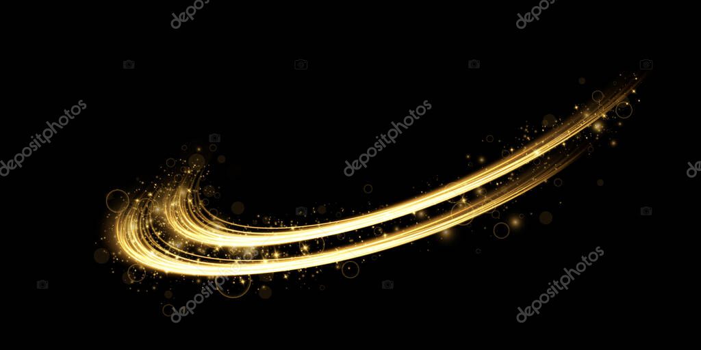 Abstract light lines of motion and speed in golden color. Light everyday glowing effect. semicircular wave, light trail curve swirl, car headlights, incandescent optical fiber png