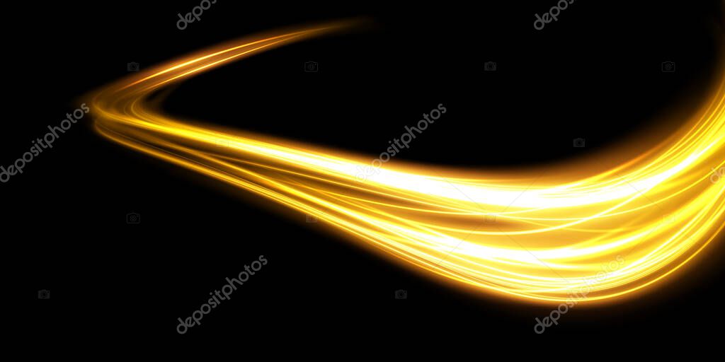 Abstract light lines of motion and speed in golden color. Light everyday glowing effect. semicircular wave, light trail curve swirl, car headlights, incandescent optical fiber png