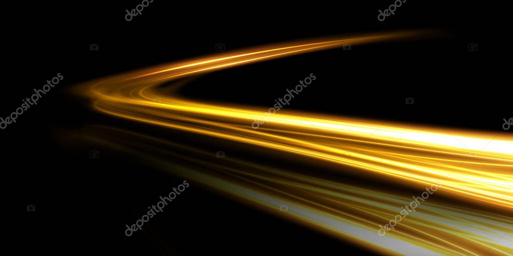 Abstract light lines of motion and speed in golden color. Light everyday glowing effect. semicircular wave, light trail curve swirl, car headlights, incandescent optical fiber png