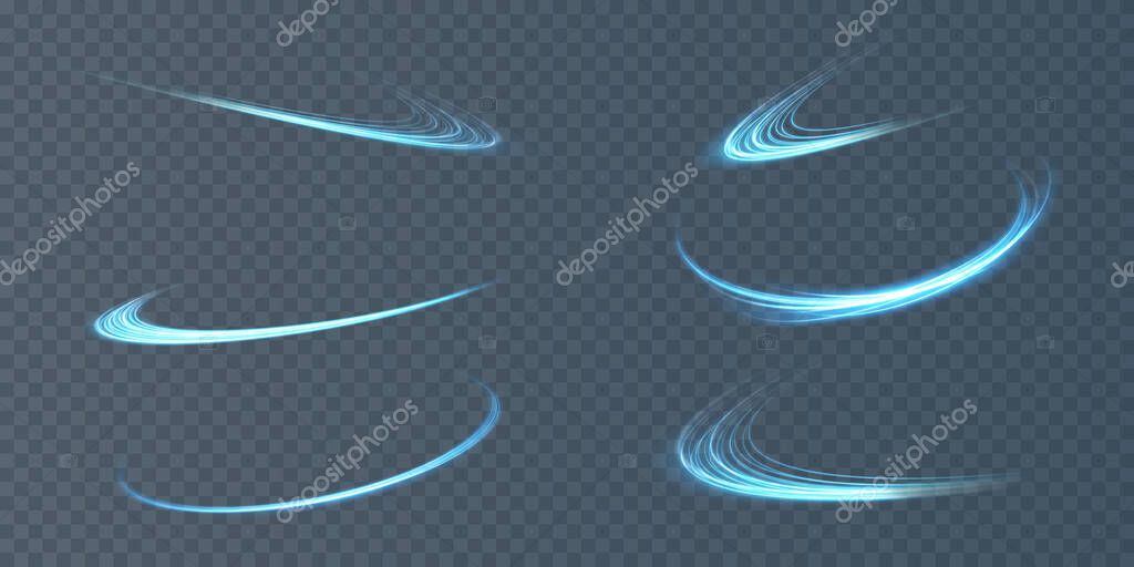 Abstract light lines of movement and speed in blue. Light everyday glowing effect. semicircular wave, light trail curve swirl, car headlights, incandescent optical fiber png