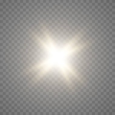 Çeşitli parlayan yıldızların toplanması. Bir güneş ışınından bir set parıltı. Işıklar yanıp sönüyor. Parıltının etkisi, kıvılcımlar, parlaklık, parlaklık. Şeffaf bir arkaplanda vektör illüstrasyonu