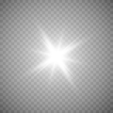 Çeşitli parlayan yıldızların toplanması. Bir güneş ışınından bir set parıltı. Işıklar yanıp sönüyor. Parıltının etkisi, kıvılcımlar, parlaklık, parlaklık. Şeffaf bir arkaplanda vektör illüstrasyonu