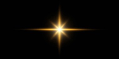 Altın yıldız, siyah zemin üzerinde, ışıltı ve ışık ışınlarının etkisi, parlayan ışıklar, güneş vektörü.