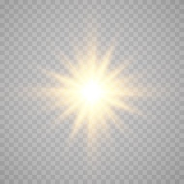 Çeşitli parlayan yıldızların toplanması. Bir güneş ışınından bir set parıltı. Işıklar yanıp sönüyor. Parıltının etkisi, kıvılcımlar, parlaklık, parlaklık. Şeffaf bir arkaplanda vektör illüstrasyonu