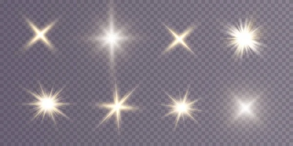 Collection Various Glowing Stars Set Glare Sunbeam Flashes Light Effect — Stock Vector