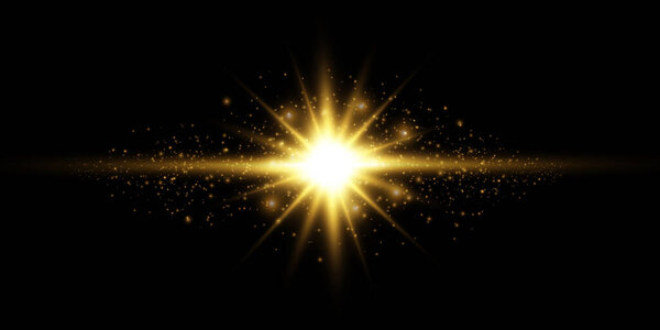 Золотая звезда на чёрном фоне, эффект свечения и дождя света, перламутровые огни, солнечный вектор
