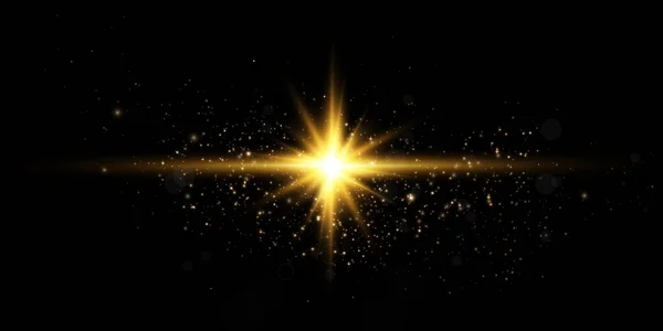 Złota Gwiazda Czarnym Tle Efekt Blasku Promieni Światła Świecące Światła — Wektor stockowy