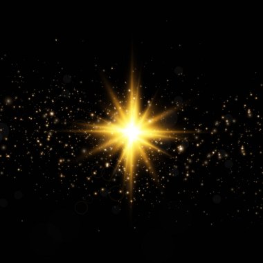 Altın yıldız, siyah zemin üzerinde, ışıltı ve ışık ışınlarının etkisi, parlayan ışıklar, güneş vektörü.