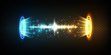 Gece sahnesindeki sihirli kapılar. Mavi ve altın sarısı hologramlar, ışık ve parıltı ışınlarıyla. Siyah arkaplanda kopyalama alanı olan parlak geleceksel ışınlanma tüneli