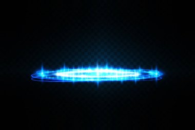 Gece sahnesindeki sihirli kapılar. Mavi yuvarlak hologramlar, ışık ve ışıltı ışınları. Siyah arkaplanda kopyalama alanı olan parlak geleceksel ışınlanma tüneli