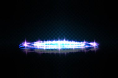 Gece sahnesindeki sihirli kapılar. Mavi yuvarlak hologramlar, ışık ve ışıltı ışınları. Siyah arkaplanda kopyalama alanı olan parlak geleceksel ışınlanma tüneli