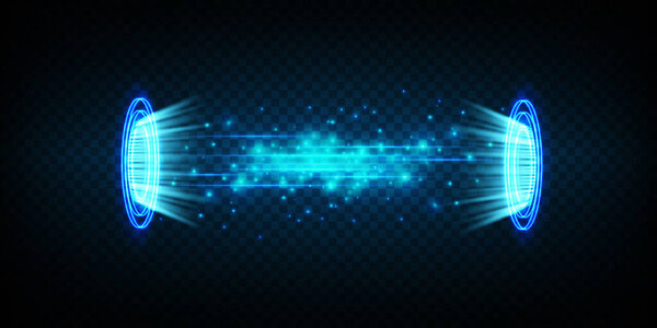Волшебные порталы на ночной сцене. Голубые круглые голограммы с лучами света и блеска. Светящийся футуристический телепортируемый туннель с копировальным пространством на черном фоне