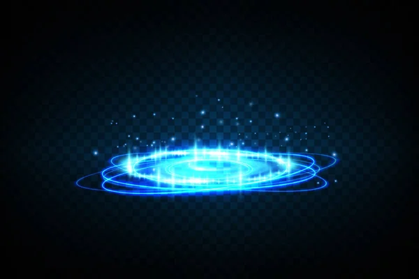 Magiska Portaler Nattscenen Blå Runda Hologram Med Ljusstrålar Och Glitter — Stock vektor