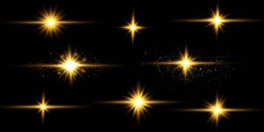 Çeşitli parlayan yıldızların toplanması. Güneş ışığından bir parıltı seti. Işıklar yanıp sönüyor. Parıltı efekti, kıvılcımlar, parlaklık, parlaklık. Siyah arkaplanda vektör illüstrasyonu