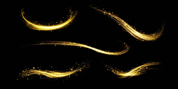 Uppsättning Abstrakta Ljus Linjer Rörelse Och Hastighet Med Gyllene Gnistrar — Stock vektor