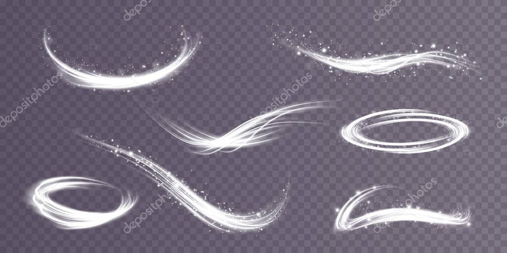 Set of abstract light lines of movement and speed. White. Bright galaxy. Glowing podium. Space tunnel. Light everyday glowing effect. semicircular wave, light vortex wake. bright spiral