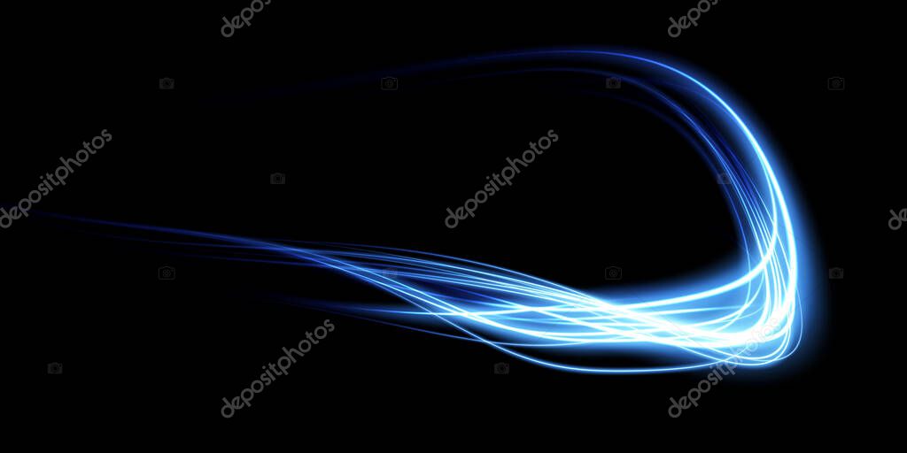Abstract light lines of movement and speed in blue. Light everyday glowing effect. semicircular wave, light trail curve swirl, car headlights, incandescent optical fiber png