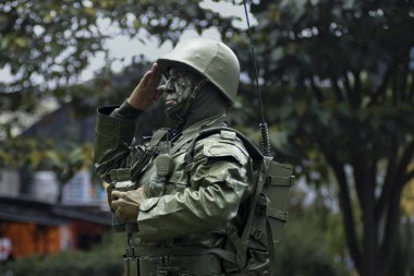 Ön planda bir askerin portresi 