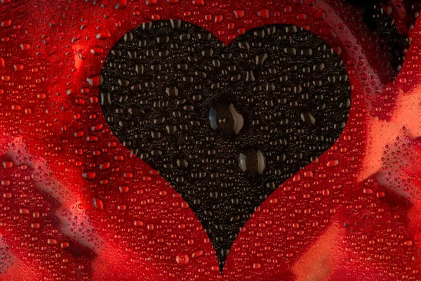 Black Heart Red Background Water Drops — Stockfoto