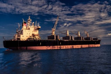 Denizde vinci olan kargo gemisi.