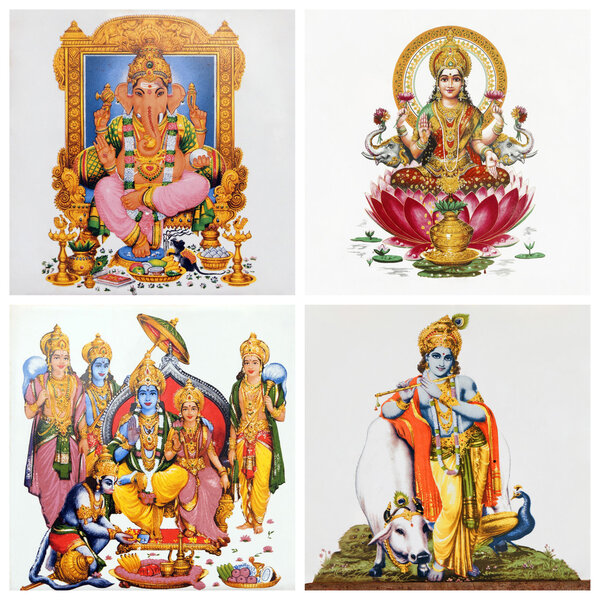 Set of antique tiles with images of hindu gods