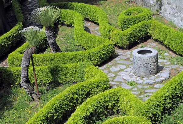 Ornamental garden with hedges and antique well — Stock Photo, Image