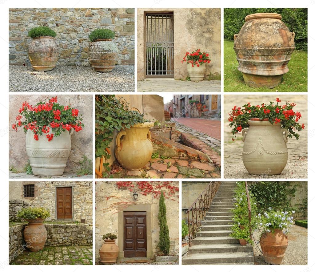 Collage with old style garden pottery