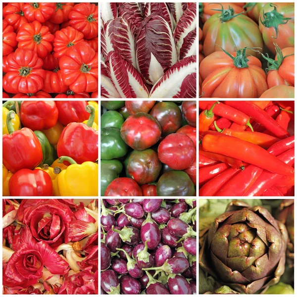 Colagem de vegetais, imagens do mercado de agricultores italianos, Itália — Fotografia de Stock