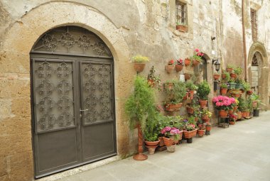 Ferforje kapı ve Toskana Köyü pitigliano birçok çiçek,
