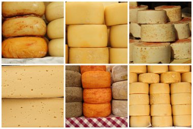 collage with cheese, images from farmer market, Italy
