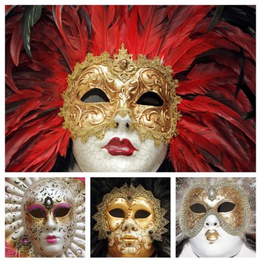 Venedik Karnavalı maskeleri kolaj, Venedik, İtalya, Avrupa