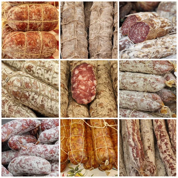 Colagem de salsicha tradicional, imagens dos mercados agrícolas italianos — Fotografia de Stock
