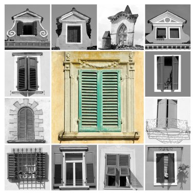 Yeşil eski pencere ve tek renkli windows, fotoğraf kompozisyonu