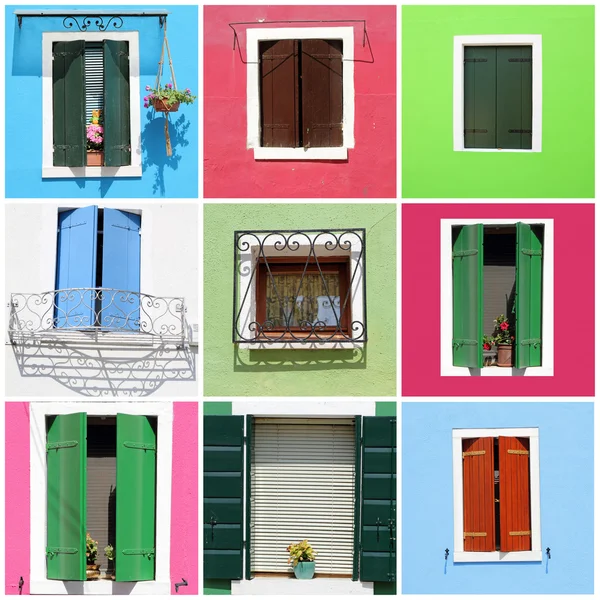 Colagem de janelas multicoloridas feitas de imagens de borgo Burano perto — Fotografia de Stock