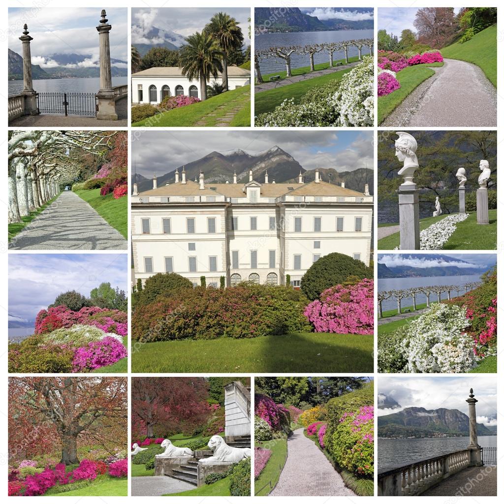 collage with images of the Villa Melzi d'Eril and famous gardens