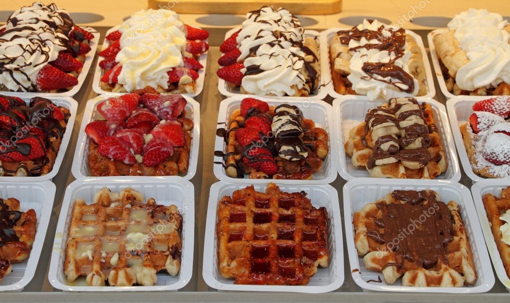 Belgian waffles on street stall in Brussels, Belgium, Europe Stock