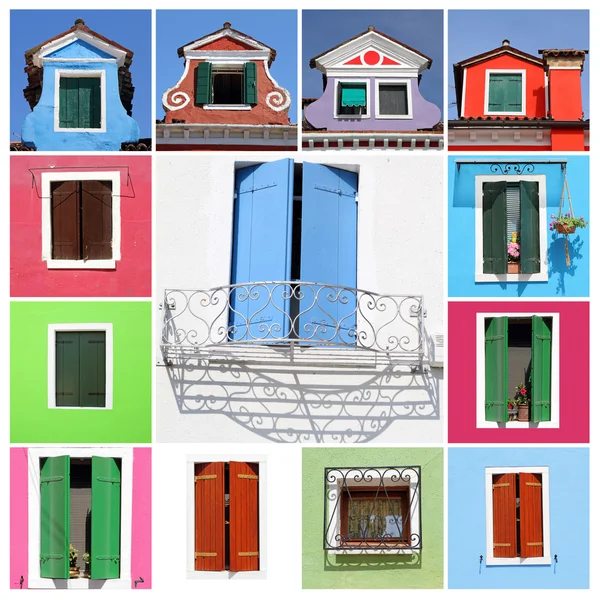 Collection of images with colorful retro windows from Burano isl — Stock Photo, Image