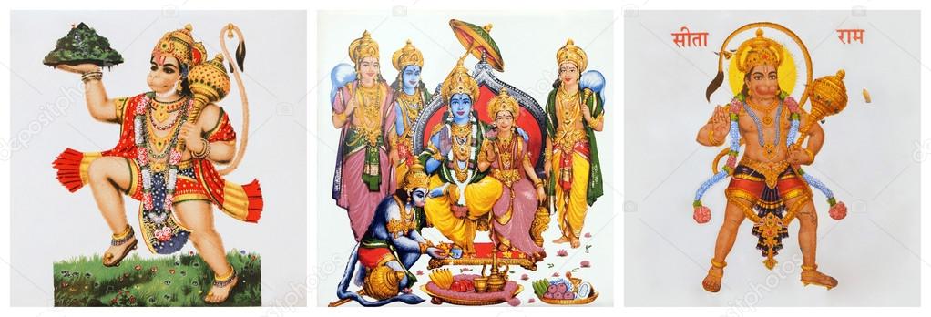 images of hindu deity Hanuman and Lord Rama and his wife Sita on