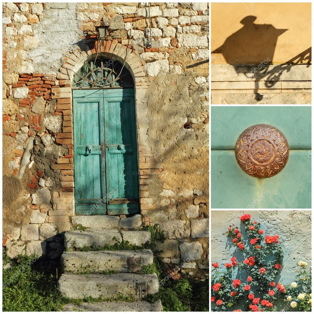 Collage de puerta rústica, Toscana, Italia, Europa: fotografía de stock