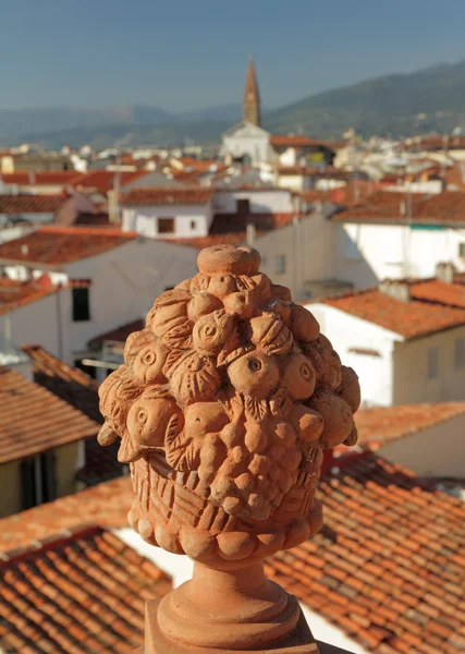 Decorative garden vase made in tuscan terracotta on terrace with — Stock Photo, Image