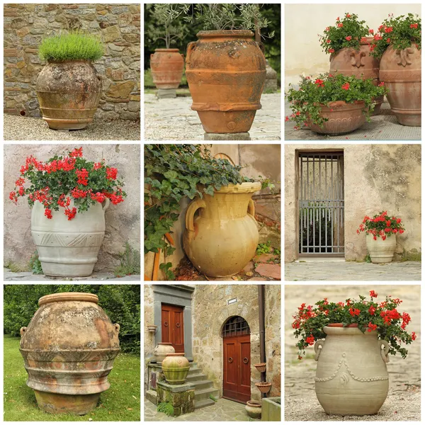 Collage con vasi da giardino in stile antico — Foto Stock