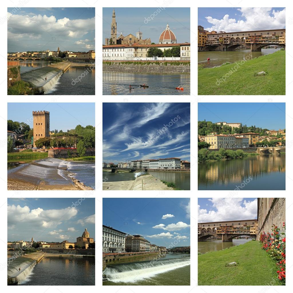 Collage with images of Arno river in Florence