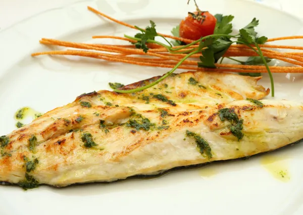 Grilled sea bass Fish Fillet plate — Stock Photo, Image