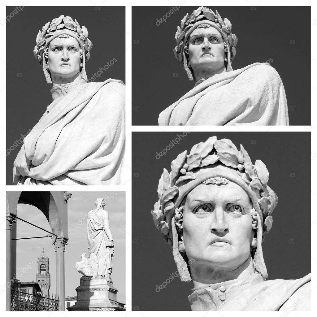 Marble statue of Dante Alighieri collage