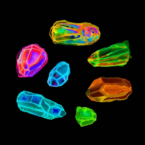 Set Van Gekleurde Kristallen Mineralen Maansteen Agaat Amethist Kwarts Aquarel — Stockfoto
