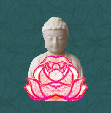 Buddha ve Lotus. Resim çizimi. Budizm, ruhani sanat.
