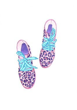 Bağcıklı moda desenli leopar desenli çizmeler. suluboya moda illüstrasyonu
